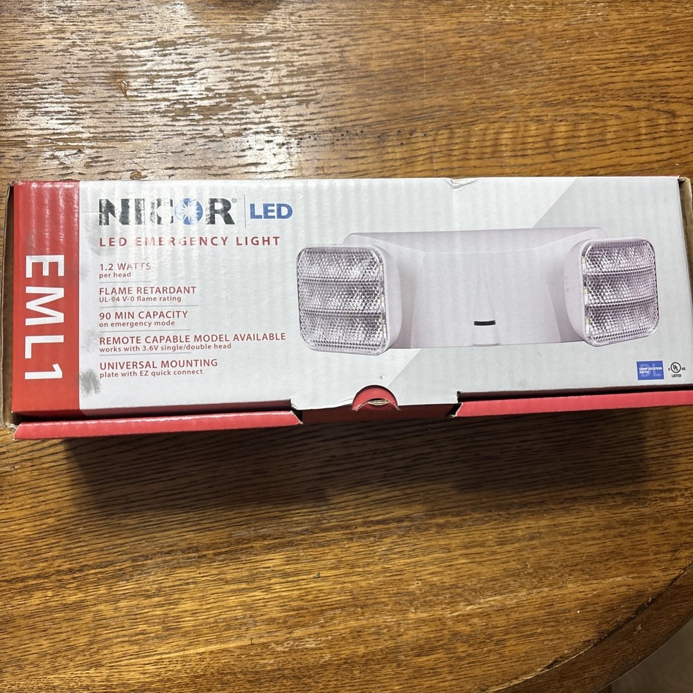 NICOR EML1 LED Emergency Light, 1.2W, Flame Retardant, 90 Min, Universal Mount